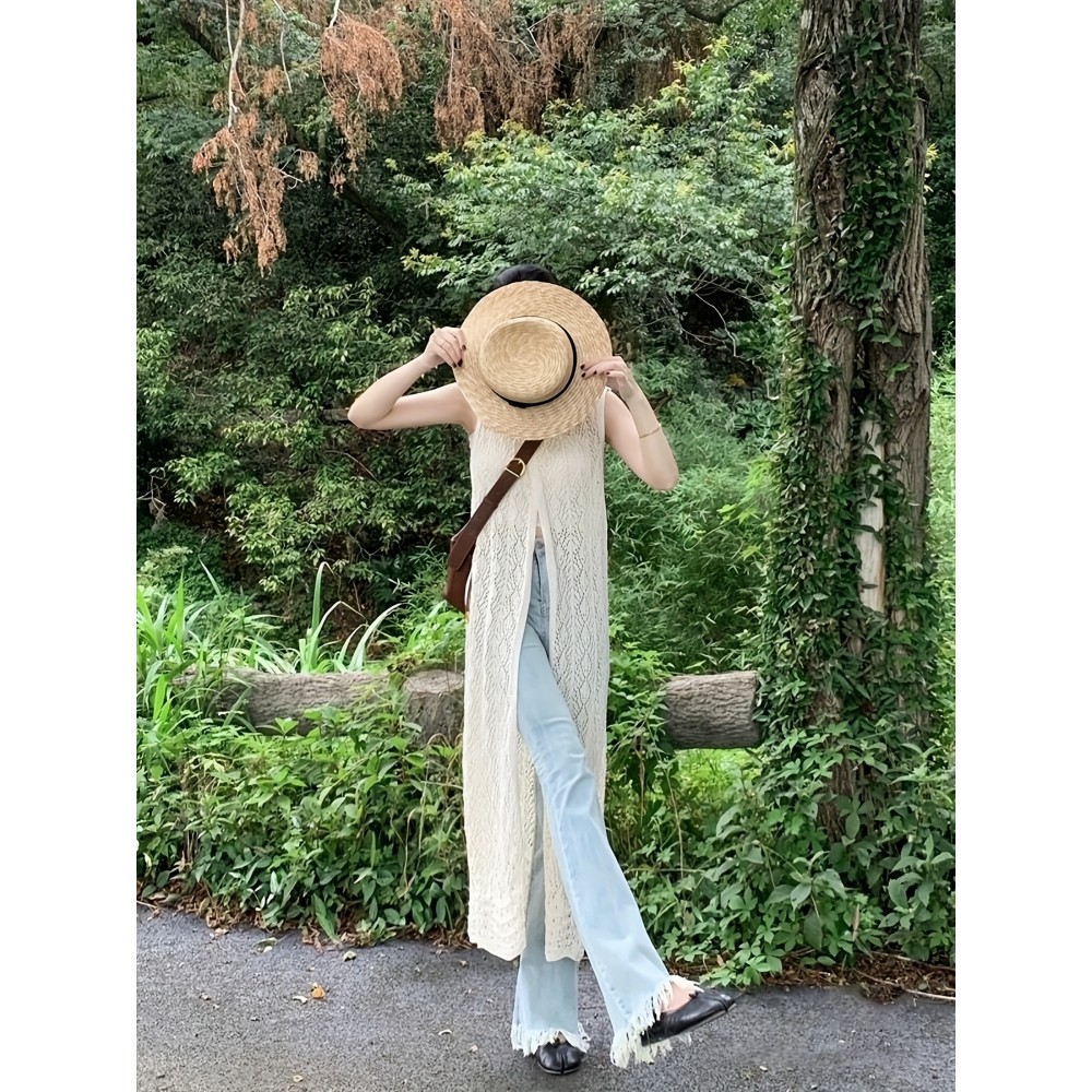 バックスリット付きの多用途ノースリーブニットドレス - カジュアルなラウンドネック、長袖、ルーズフィットの女性用、春/夏に最適