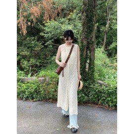 バックスリット付きの多用途ノースリーブニットドレス - カジュアルなラウンドネック、長袖、ルーズフィットの女性用、春/夏に最適