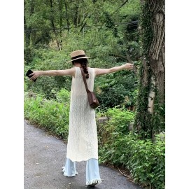 バックスリット付きの多用途ノースリーブニットドレス - カジュアルなラウンドネック、長袖、ルーズフィットの女性用、春/夏に最適