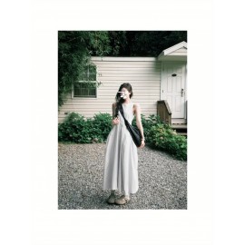 ローカル - 女性用韓国スタイル オフショルダー ノースリーブ ドレス ジッパークロージャー付き - ルーズフィット ラージスカート ベストドレス、無地 カジュアルエレガント オールシーズン対応 ファッションウェア、流れるような生地