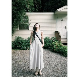 ローカル - 女性用韓国スタイル オフショルダー ノースリーブ ドレス ジッパークロージャー付き - ルーズフィット ラージスカート ベストドレス、無地 カジュアルエレガント オールシーズン対応 ファッションウェア、流れるような生地