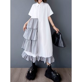レディース カジュアル サマーメッシュパネルシャツドレス - 半袖、多層フリル裾、スクエアネックライン、アシンメトリーデザイン、ホワイト＆グレイ レイヤードルック、軽量で通気性のある春夏用ファッションウェア｜スクエアネックライン ドレス｜コントラストディテール付きカジュアルサマードレス