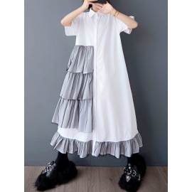 レディース カジュアル サマーメッシュパネルシャツドレス - 半袖、多層フリル裾、スクエアネックライン、アシンメトリーデザイン、ホワイト＆グレイ レイヤードルック、軽量で通気性のある春夏用ファッションウェア｜スクエアネックライン ドレス｜コントラストディテール付きカジュアルサマードレス