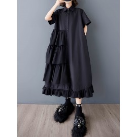 レディース カジュアル サマーメッシュパネルシャツドレス - 半袖、多層フリル裾、スクエアネックライン、アシンメトリーデザイン、ホワイト＆グレイ レイヤードルック、軽量で通気性のある春夏用ファッションウェア｜スクエアネックライン ドレス｜コントラストディテール付きカジュアルサマードレス