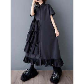 レディース カジュアル サマーメッシュパネルシャツドレス - 半袖、多層フリル裾、スクエアネックライン、アシンメトリーデザイン、ホワイト＆グレイ レイヤードルック、軽量で通気性のある春夏用ファッションウェア｜スクエアネックライン ドレス｜コントラストディテール付きカジュアルサマードレス