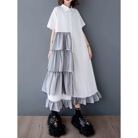 レディース カジュアル サマーメッシュパネルシャツドレス - 半袖、多層フリル裾、スクエアネックライン、アシンメトリーデザイン、ホワイト＆グレイ レイヤードルック、軽量で通気性のある春夏用ファッションウェア｜スクエアネックライン ドレス｜コントラストディテール付きカジュアルサマードレス