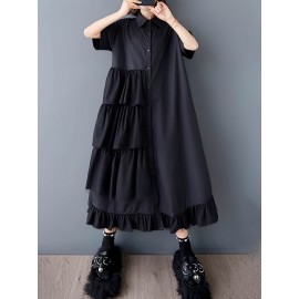 レディース カジュアル サマーメッシュパネルシャツドレス - 半袖、多層フリル裾、スクエアネックライン、アシンメトリーデザイン、ホワイト＆グレイ レイヤードルック、軽量で通気性のある春夏用ファッションウェア｜スクエアネックライン ドレス｜コントラストディテール付きカジュアルサマードレス