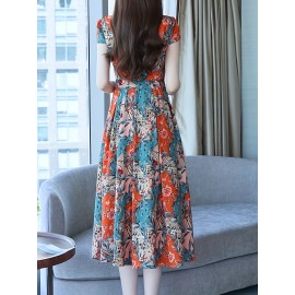 女性用の明るい花柄プリントマキシドレス - ルーズフィット、Vネック、袖なし、バケーションやカジュアルな衣装に最適、カジュアルな衣装|明るいプリント|ルーズフィットドレス
