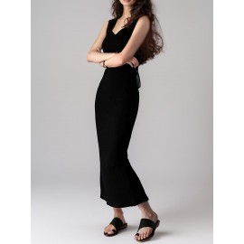 1枚 女性用ノースリーブニットドレス - スリムフィット 長丈 ローキャットエクスポーズショルダー 無地 カラー サイドスリット付き 通勤・ホーム＆カジュアルウェア 洗濯機可