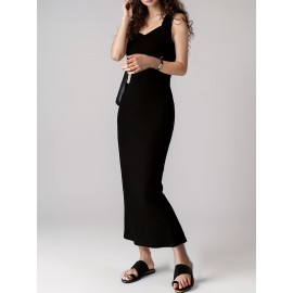 1枚 女性用ノースリーブニットドレス - スリムフィット 長丈 ローキャットエクスポーズショルダー 無地 カラー サイドスリット付き 通勤・ホーム＆カジュアルウェア 洗濯機可