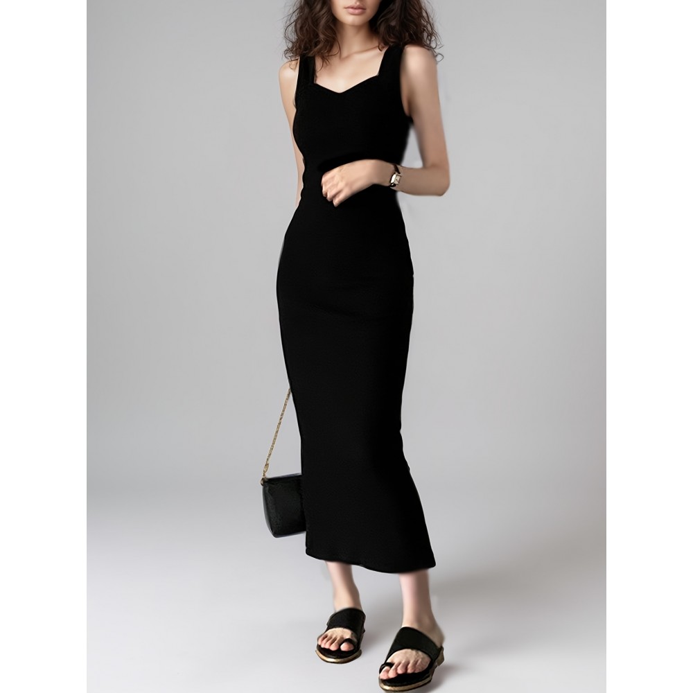 1枚 女性用ノースリーブニットドレス - スリムフィット 長丈 ローキャットエクスポーズショルダー 無地 カラー サイドスリット付き 通勤・ホーム＆カジュアルウェア 洗濯機可