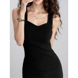 1枚 女性用ノースリーブニットドレス - スリムフィット 長丈 ローキャットエクスポーズショルダー 無地 カラー サイドスリット付き 通勤・ホーム＆カジュアルウェア 洗濯機可