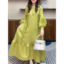 女性向けの三宅一生プレートドレス、ユニークなマテュースタイルと3次元の花のデザイン、ウエストシンキングデザインでスリーミング効果、ドレープフィール、ヨーロッパとアメリカのスタイルで長い。