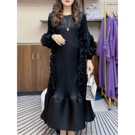 女性向けの三宅一生プレートドレス、ユニークなマテュースタイルと3次元の花のデザイン、ウエストシンキングデザインでスリーミング効果、ドレープフィール、ヨーロッパとアメリカのスタイルで長い。