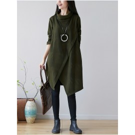 女性用エレガントなAライン膝丈春ドレス - 無地ハイネック長袖ポケット付き、洗濯機可 春秋向け
