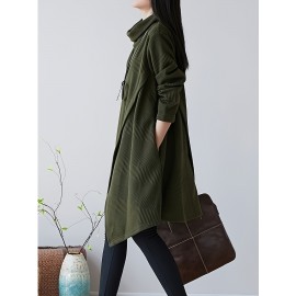 女性用エレガントなAライン膝丈春ドレス - 無地ハイネック長袖ポケット付き、洗濯機可 春秋向け