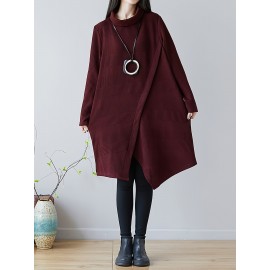 女性用エレガントなAライン膝丈春ドレス - 無地ハイネック長袖ポケット付き、洗濯機可 春秋向け