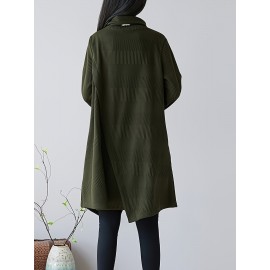 女性用エレガントなAライン膝丈春ドレス - 無地ハイネック長袖ポケット付き、洗濯機可 春秋向け