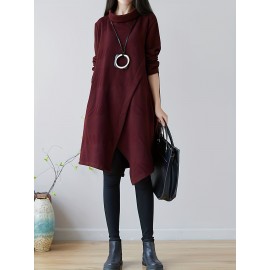 女性用エレガントなAライン膝丈春ドレス - 無地ハイネック長袖ポケット付き、洗濯機可 春秋向け