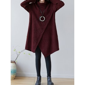 女性用エレガントなAライン膝丈春ドレス - 無地ハイネック長袖ポケット付き、洗濯機可 春秋向け