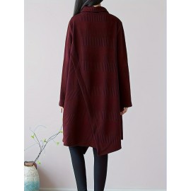 女性用エレガントなAライン膝丈春ドレス - 無地ハイネック長袖ポケット付き、洗濯機可 春秋向け