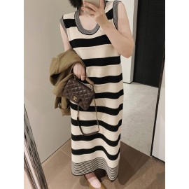 女性のエレガントなストライプニット無袖ドレス - シックなブラック&ホワイトカラーブロック、ルーズフィット、長袖、春/夏にぴったり、カジュアルから通勤まで、カジュアルなアットワイア|シックな無袖ドレス|ニット構造、無袖ドレス