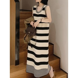 女性のエレガントなストライプニット無袖ドレス - シックなブラック&ホワイトカラーブロック、ルーズフィット、長袖、春/夏にぴったり、カジュアルから通勤まで、カジュアルなアットワイア|シックな無袖ドレス|ニット構造、無袖ドレス