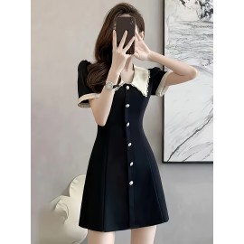 女性のエレガントなAラインミニドレス、100%ポリエステル、無地、ラペルカラー、フェイクボタンディテール、軽量230g/m²生地、春/夏/秋に最適 - スリミングフィット