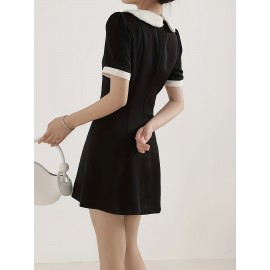女性のエレガントなAラインミニドレス、100%ポリエステル、無地、ラペルカラー、フェイクボタンディテール、軽量230g/m²生地、春/夏/秋に最適 - スリミングフィット