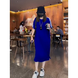 ウェスタン風ドレス 爆発的なブラック ピュアフラッグストライプ エレガントなリビングロード ルーズテイメント 夏用Tシャツスカート 新作WX5021