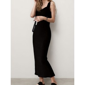 レディース エレガントなブラック ノースリーブ ボディコンドレス - 高弾性サマーストレッチニット、ラウンドネック 洗濯機可 カジュアルからフォーマルウェアまで