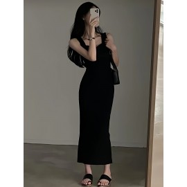 レディース エレガントなブラック ノースリーブ ボディコンドレス - 高弾性サマーストレッチニット、ラウンドネック 洗濯機可 カジュアルからフォーマルウェアまで
