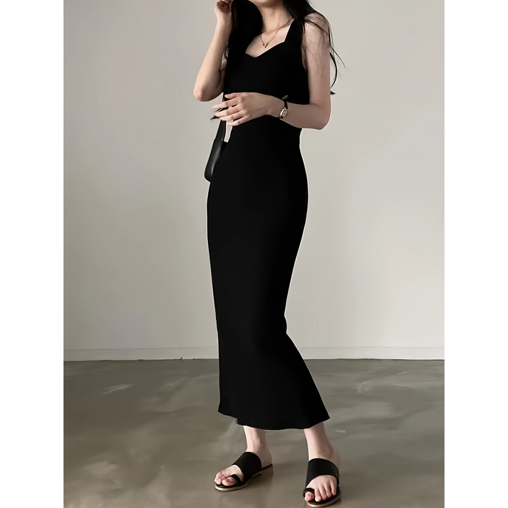 レディース エレガントなブラック ノースリーブ ボディコンドレス - 高弾性サマーストレッチニット、ラウンドネック 洗濯機可 カジュアルからフォーマルウェアまで