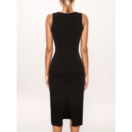 レディース エレガントなブラック ノースリーブ ボディコンドレス - 高弾性サマーストレッチニット、ラウンドネック 洗濯機可 カジュアルからフォーマルウェアまで