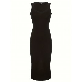 エレガントな無袖ボディコンマキドレス - スリムフィット、無地、Vネック、高ローヘムライン、カジュアルからフォーマルまでの多用途、ボディコンドレス