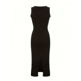 エレガントな無袖ボディコンマキドレス - スリムフィット、無地、Vネック、高ローヘムライン、カジュアルからフォーマルまでの多用途、ボディコンドレス