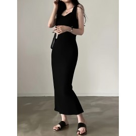 エレガントな無袖ボディコンマキドレス - スリムフィット、無地、Vネック、高ローヘムライン、カジュアルからフォーマルまでの多用途、ボディコンドレス