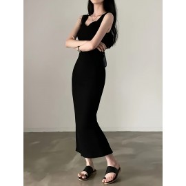 エレガントな無袖ボディコンマキドレス - スリムフィット、無地、Vネック、高ローヘムライン、カジュアルからフォーマルまでの多用途、ボディコンドレス