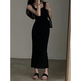エレガントな無袖ボディコンマキドレス - スリムフィット、無地、Vネック、高ローヘムライン、カジュアルからフォーマルまでの多用途、ボディコンドレス