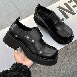 メンズプレミアム厚底ソールローファー - ブラックファクスカバーカジュアルシューズ、調節可能なストラップ、厚底、ポケット、快適なゴムソール、カジュアルアットワイア、多用途ローファー | スタイリッシュなカジュアルシューズ | 耐久性のあるゴムソール