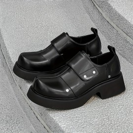 メンズプレミアム厚底ソールローファー - ブラックファクスカバーカジュアルシューズ、調節可能なストラップ、厚底、ポケット、快適なゴムソール、カジュアルアットワイア、多用途ローファー | スタイリッシュなカジュアルシューズ | 耐久性のあるゴムソール