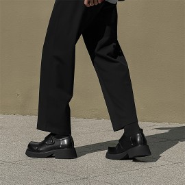 メンズプレミアム厚底ソールローファー - ブラックファクスカバーカジュアルシューズ、調節可能なストラップ、厚底、ポケット、快適なゴムソール、カジュアルアットワイア、多用途ローファー | スタイリッシュなカジュアルシューズ | 耐久性のあるゴムソール