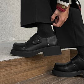 メンズプレミアム厚底ソールローファー - ブラックファクスカバーカジュアルシューズ、調節可能なストラップ、厚底、ポケット、快適なゴムソール、カジュアルアットワイア、多用途ローファー | スタイリッシュなカジュアルシューズ | 耐久性のあるゴムソール