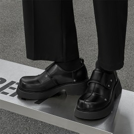 メンズプレミアム厚底ソールローファー - ブラックファクスカバーカジュアルシューズ、調節可能なストラップ、厚底、ポケット、快適なゴムソール、カジュアルアットワイア、多用途ローファー | スタイリッシュなカジュアルシューズ | 耐久性のあるゴムソール