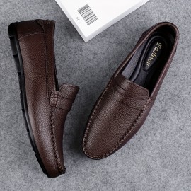 メンズクラシック本革カジュアルビジネスシューズ - 通気性・快適で耐久性のあるスリップオン/レースアップロートップラウンドトゥデザイン、ゴム製ソール＆PUクッション付き、オールシーズン日常使いと仕事用