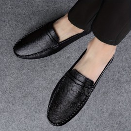 メンズクラシック本革カジュアルビジネスシューズ - 通気性・快適で耐久性のあるスリップオン/レースアップロートップラウンドトゥデザイン、ゴム製ソール＆PUクッション付き、オールシーズン日常使いと仕事用