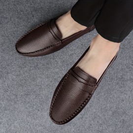 メンズクラシック本革カジュアルビジネスシューズ - 通気性・快適で耐久性のあるスリップオン/レースアップロートップラウンドトゥデザイン、ゴム製ソール＆PUクッション付き、オールシーズン日常使いと仕事用