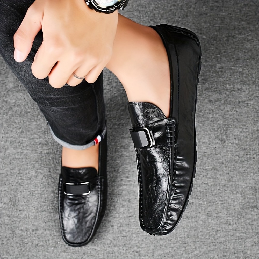 メンズ スタイリッシュ ブラック ローファー - スリッポン、フェイク、ゴムソール、ビジネス カジュアル アットワード、カジュアル フットウェア | オールシーズンにぴったりのスリッポン