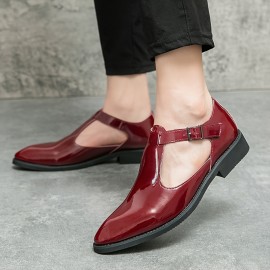 メンズ通気性スリッポンドレスシューズ - 光沢のあるバーガンディパテントポイントトゥビジネスカジュアルローファー、夏用オフィス＆カジュアル装いに適した軽量ラバーソール