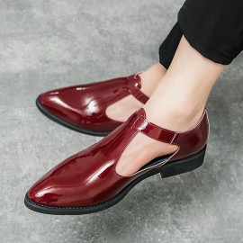 メンズ通気性スリッポンドレスシューズ - 光沢のあるバーガンディパテントポイントトゥビジネスカジュアルローファー、夏用オフィス＆カジュアル装いに適した軽量ラバーソール